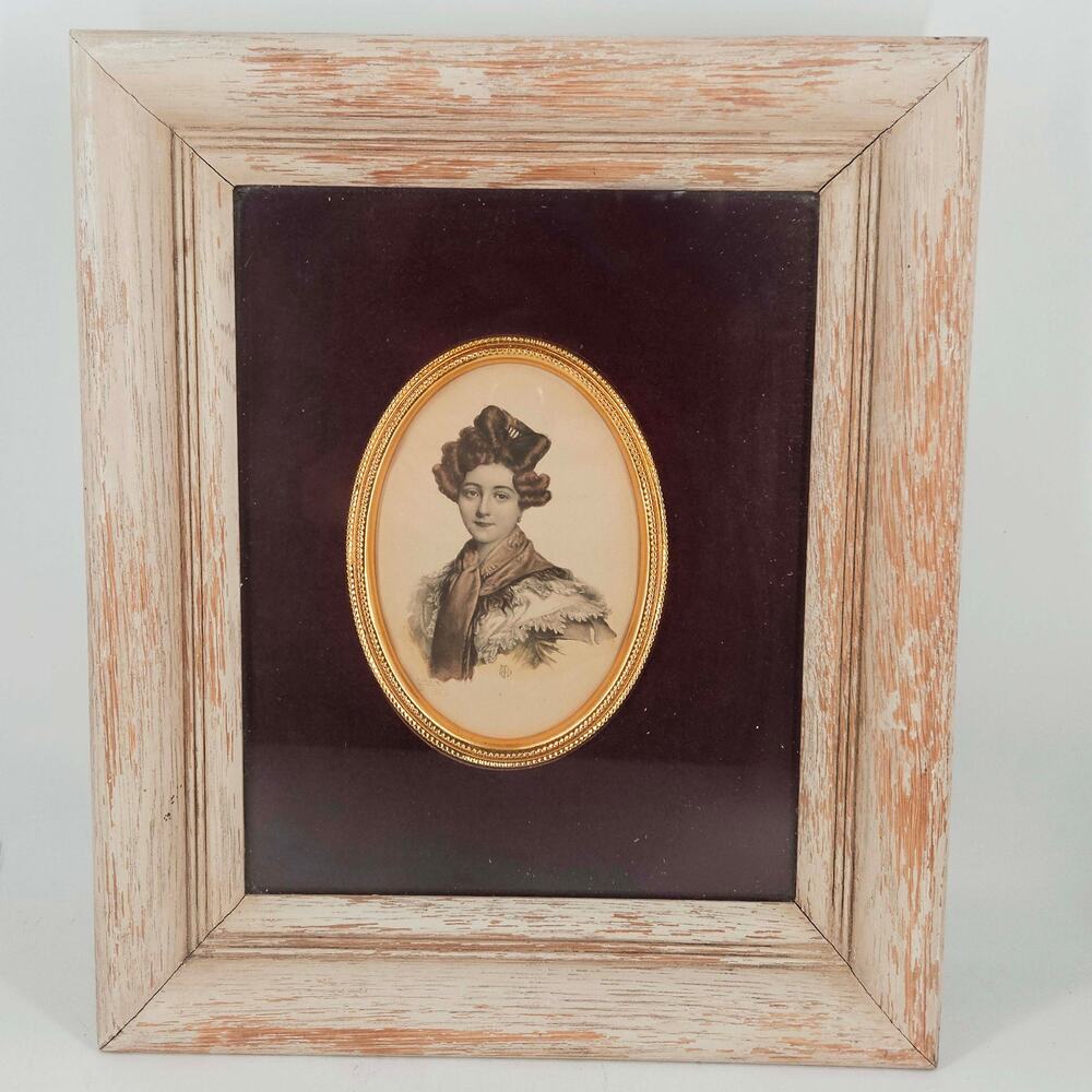 Vintage oval portrait of lady brass details in deep well distressed white frame